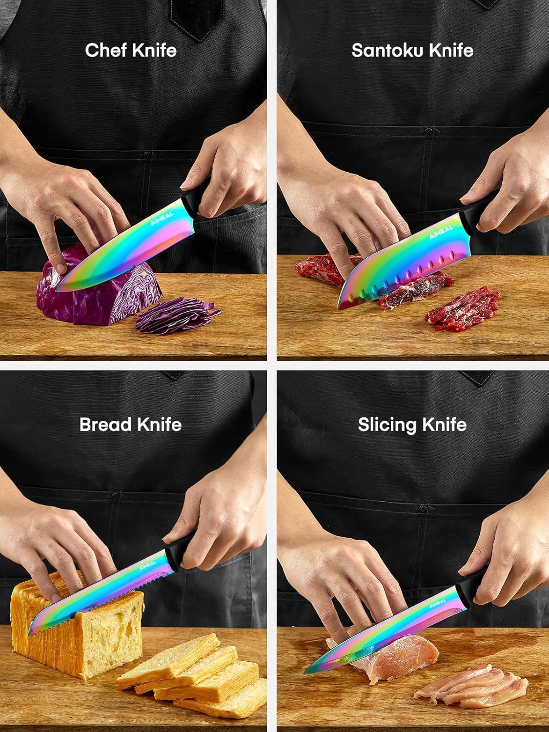 Aiheal Knife Set, 16 Pieces High Carbon Stainless Steel Rainbow Color Kitchen Knife Set, Titanium Coating Blade, No Rust and Super Sharp Cutlerywith Acrylic Stand and Kitchen Scissors, Gift
