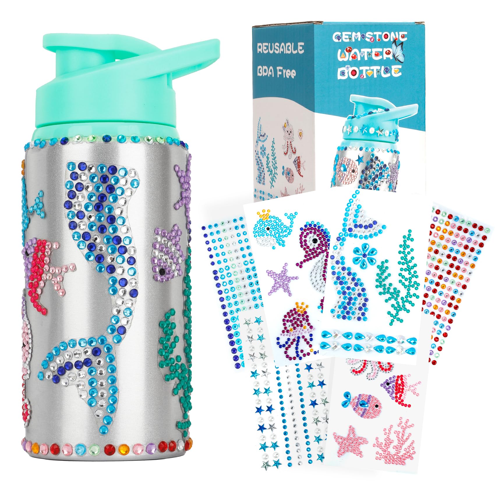 Fenreen Gifts for Girls, Decorate Your Own Water Bottle Kits for Girls Age 4-6-8-10-12, Mermaid Gem Stickers Crafts, Fun DIY Art and Craft Gifts Toys