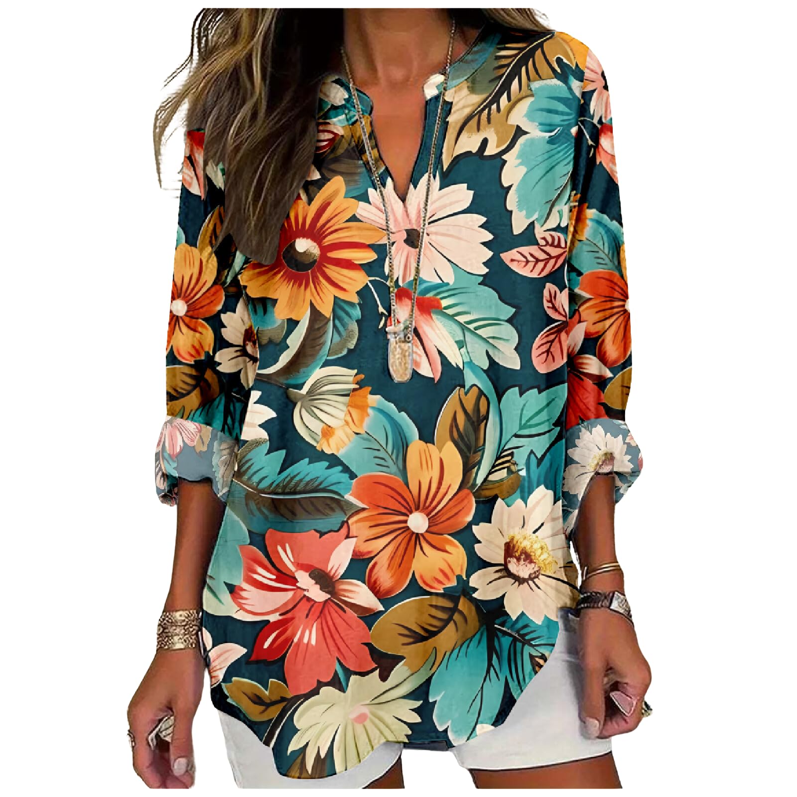 - Women's Boho Floral Print Plus Size Ladies Long Sleeve Tops Fall Fashion 2024 V Neck Blouses for Women Tunic Tops