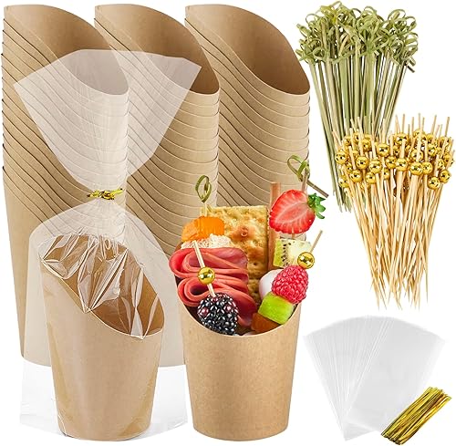 Ocmoiy Vasos de charcutería con palillos y bolsas, vasos desechables marrones de papel kraft de 14 oz para aperitivos, vasos individuales para