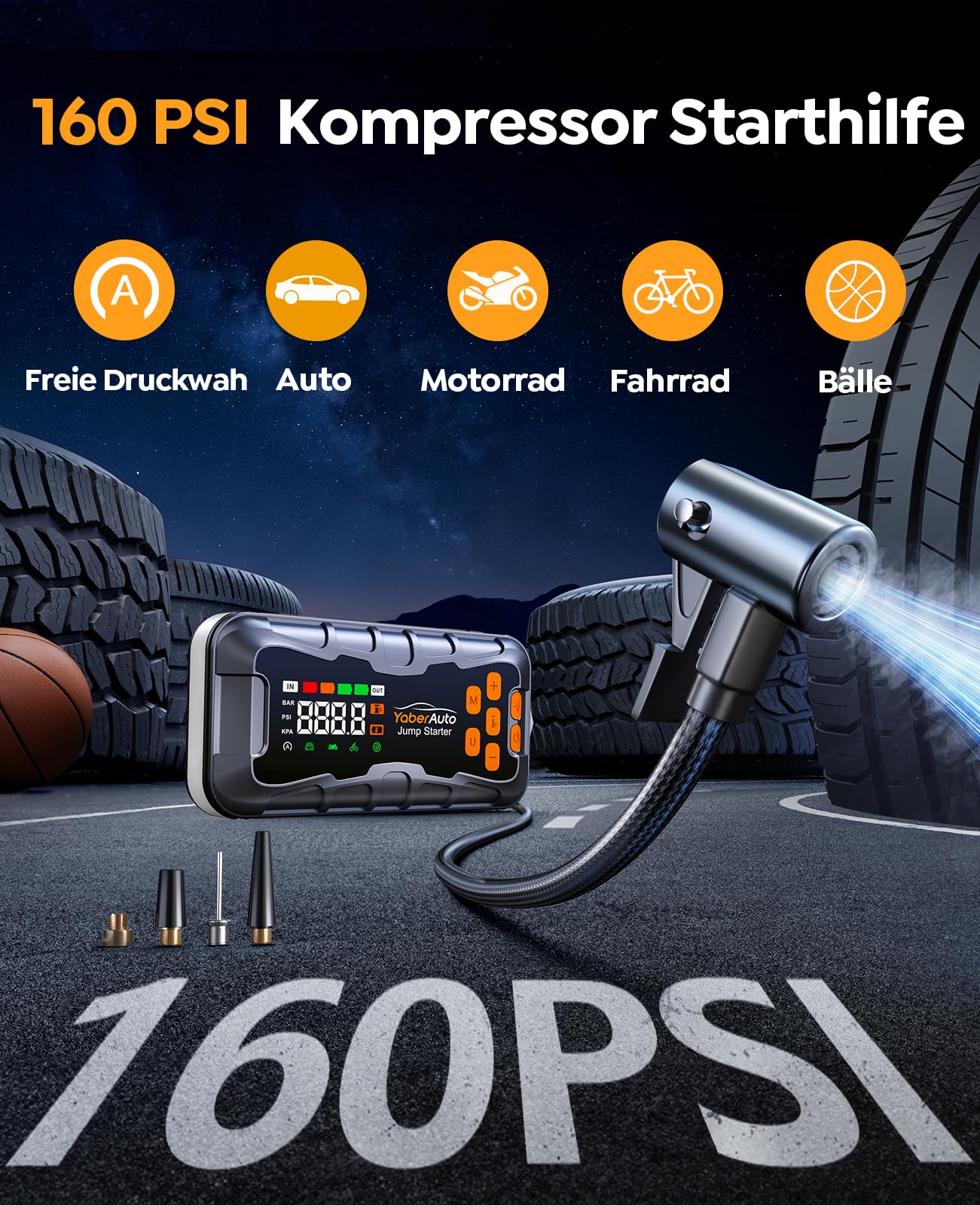 16 in 1 7000A Starthilfe Powerbank für Pkw mit Kompressor 160PSI, 27000mAh Auto Starthilfe für All Benziner und 12.0L Diesel, Starthilfe mit 800 Lumen 4 Modi Licht, Nothammer und Notfall Werkzeugset