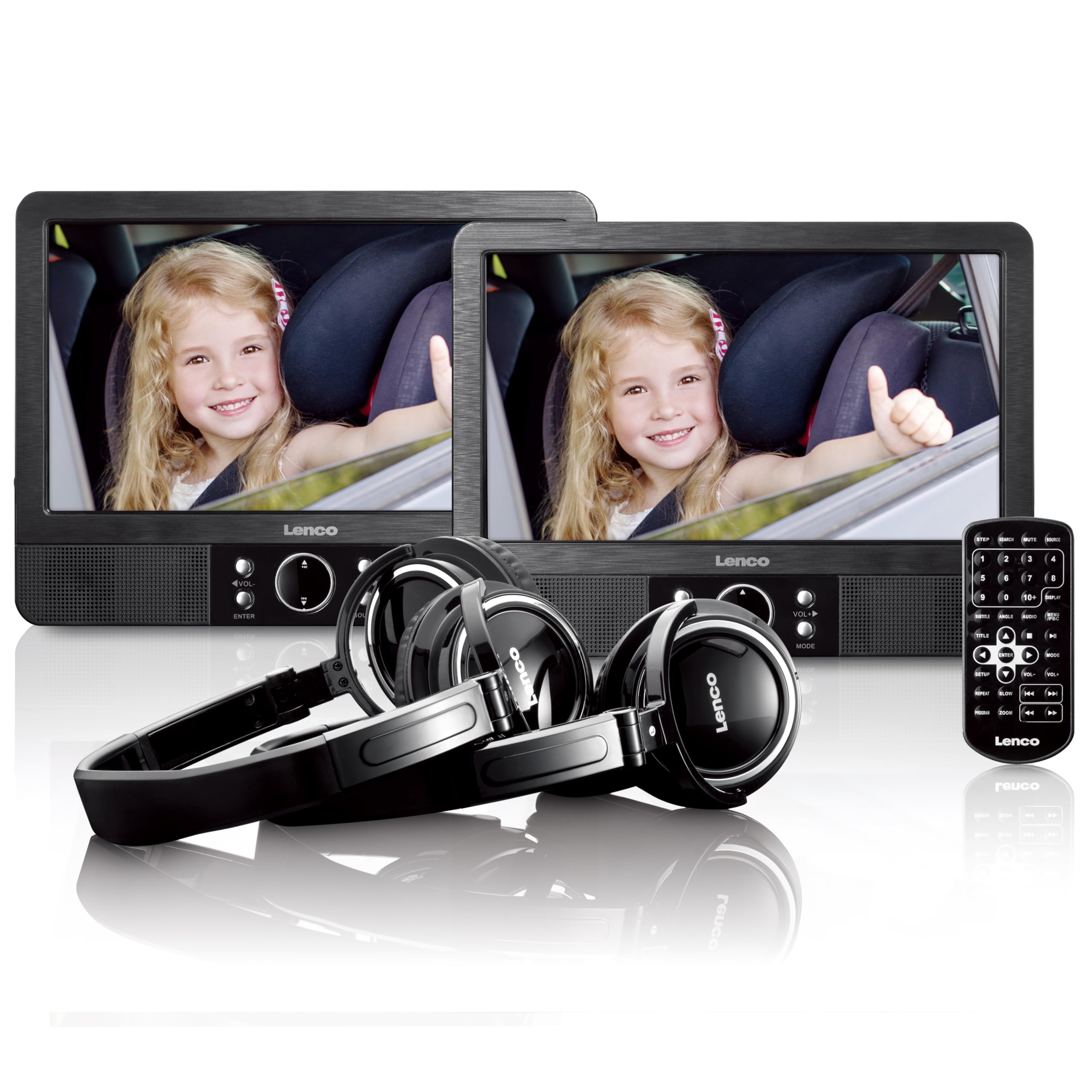 Lenco 9-Zoll Tragbarer DVD-Player MES-415 mit Doppel-Bildschirm - USB und SD Anschluss - 12 Volt Kfz Adapter - Fernbedienung - 2 x Kopfstützenbefestigung - 2 x Kopfhörer - Schwarz