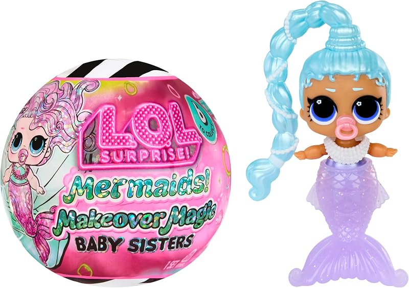 LOL Surprise Mermaids Makeover Magic Baby Sisters con colas de sirena que cambian de color y bola de exhibición inspirada en conchas, muñecas coleccionables, niños a partir de 4 años