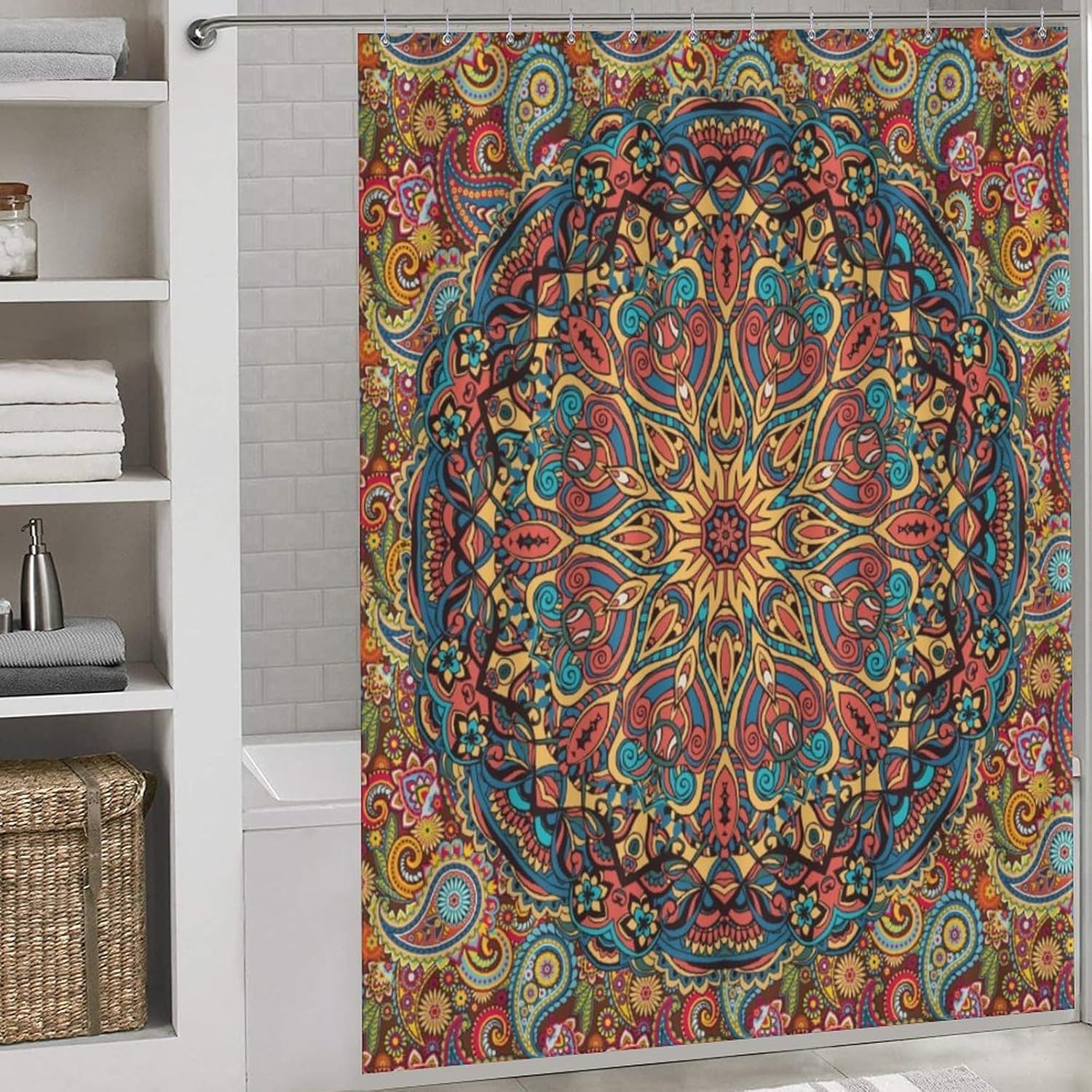 Hippie Shower Curtain, Indian Medallion Trippy Boho Mandala Paisley Aesthetical Art Decor Colorful Bohemian Waterproof Fabric Bathroom Shower Curtain Set with Hooks, 72"x84" Inch