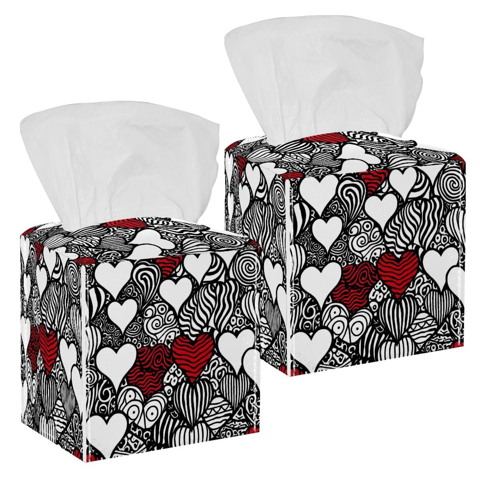 Heart of Love Tissue Box Cover, 2 Pack PU Leather Square Facial Tissue Dispenser Box holder for Home Office Car