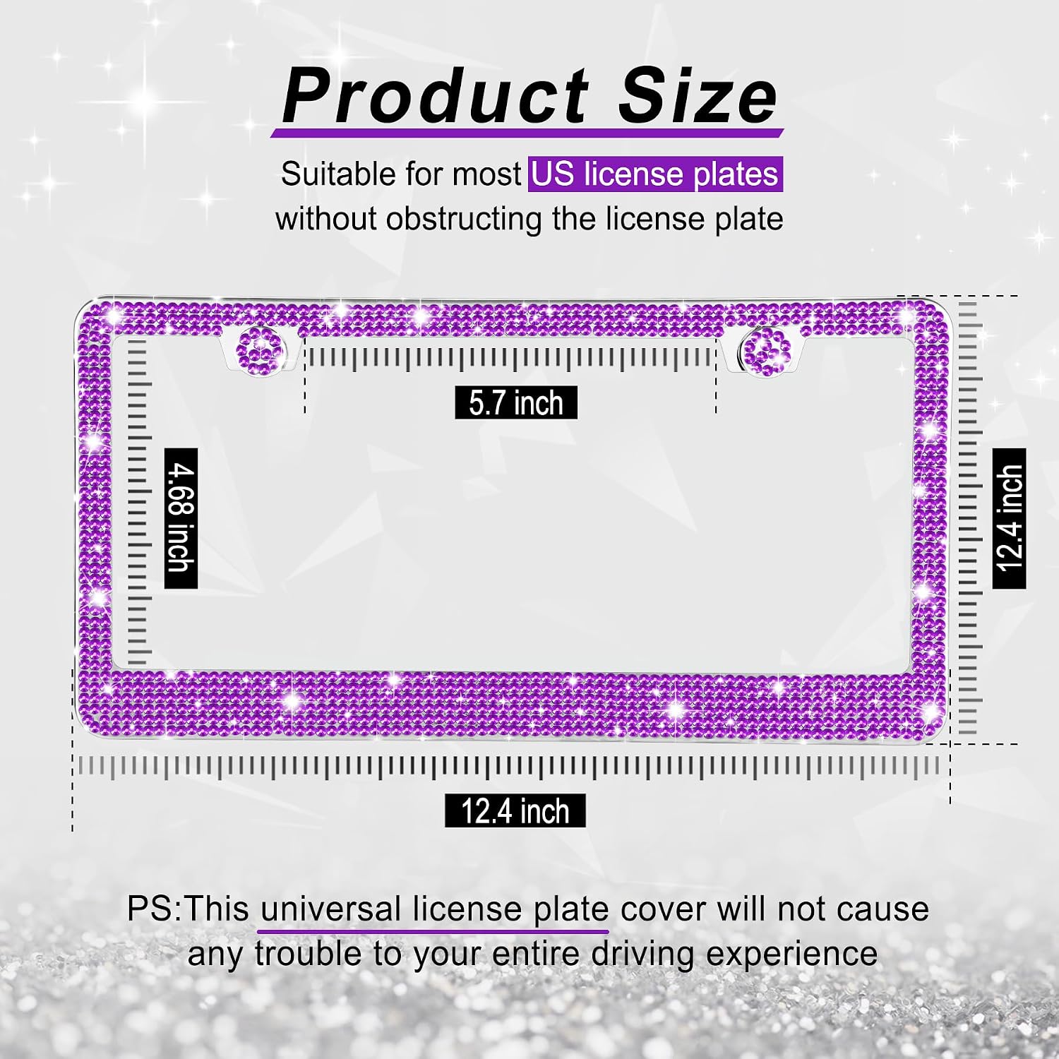 GaRhomxy Bling License Plate Frames for Women, 1 Pack Handcrafted Sparkly Rhinestone Car Accessories, Premium Stainless Steel Frame with 1000+ Faceted Glass Crystals & Free Glitter Caps (Purple) image 2