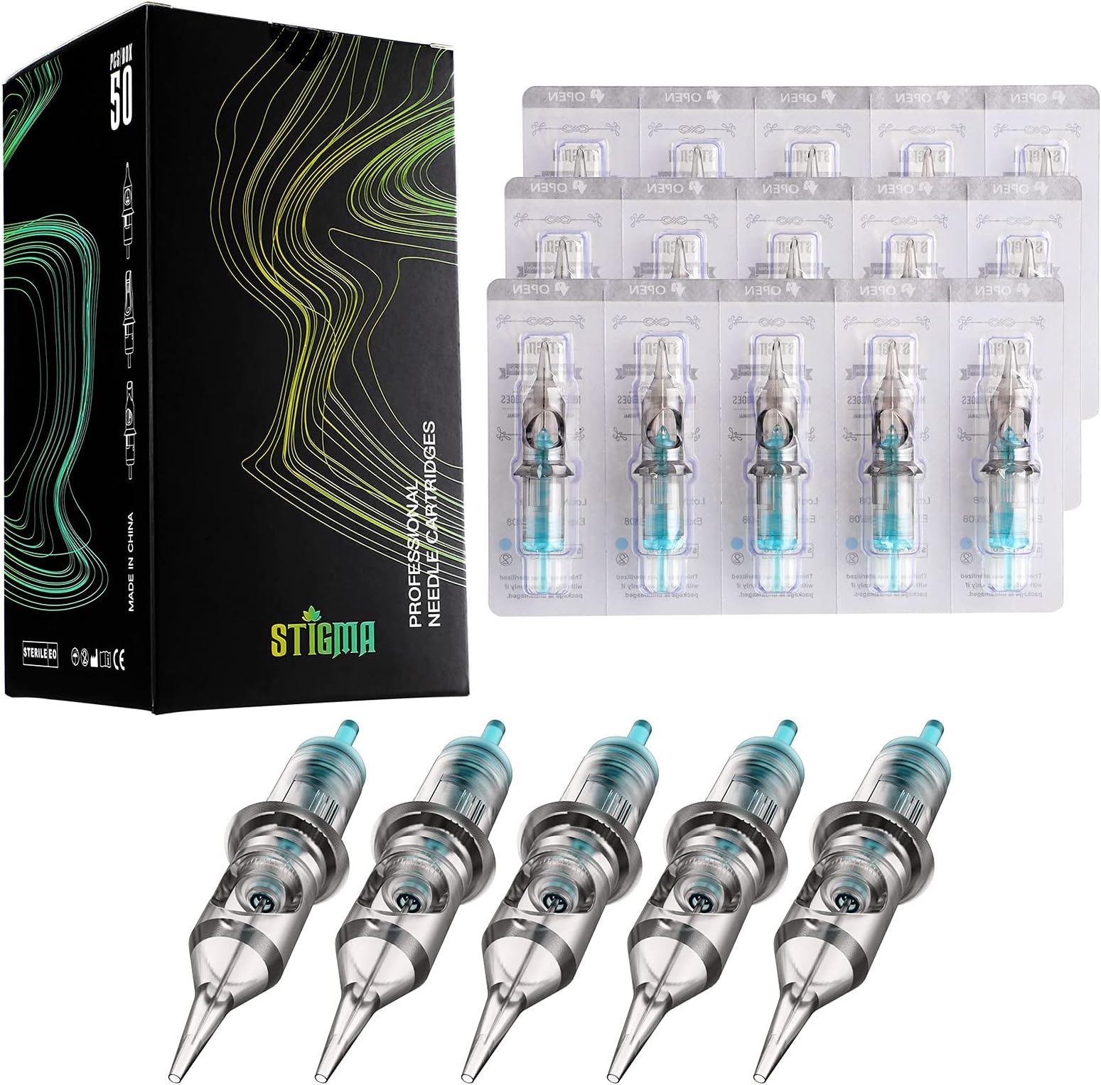 Aquamarine Knight Bugpin Tattoo Cartridges Assorted 50pcs of Round Liner #10 0.3mm RL(1003RL 1005RL 1007RL 1009RL 1011RL) Disposable Tattoo Cartridge Needles EN02B-50KIT-R