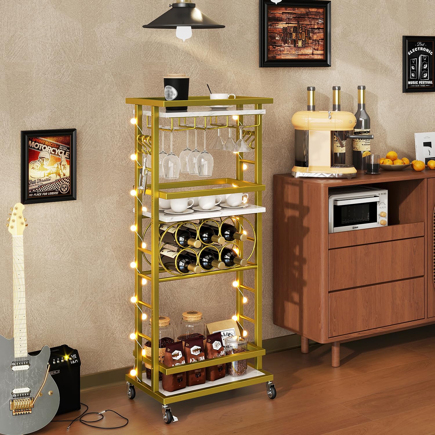 IBUYKE Botellero Vino con Ruedas, Carrito Bar 4 Niveles, Mini Bar rodante Blanco