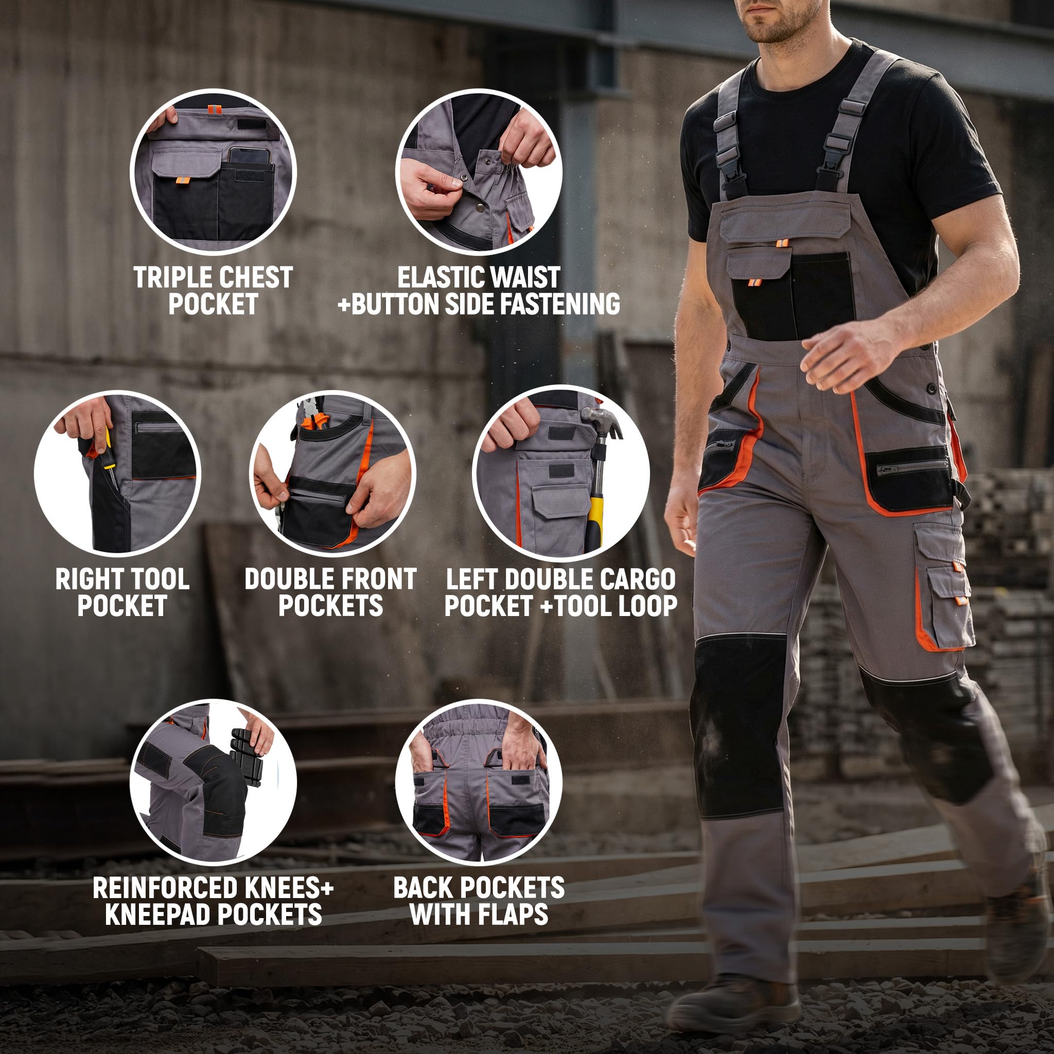 Stenso des-Emerton męskie spodnie robocze ogrodniczki Slim Fit z kieszeniami na kolanach