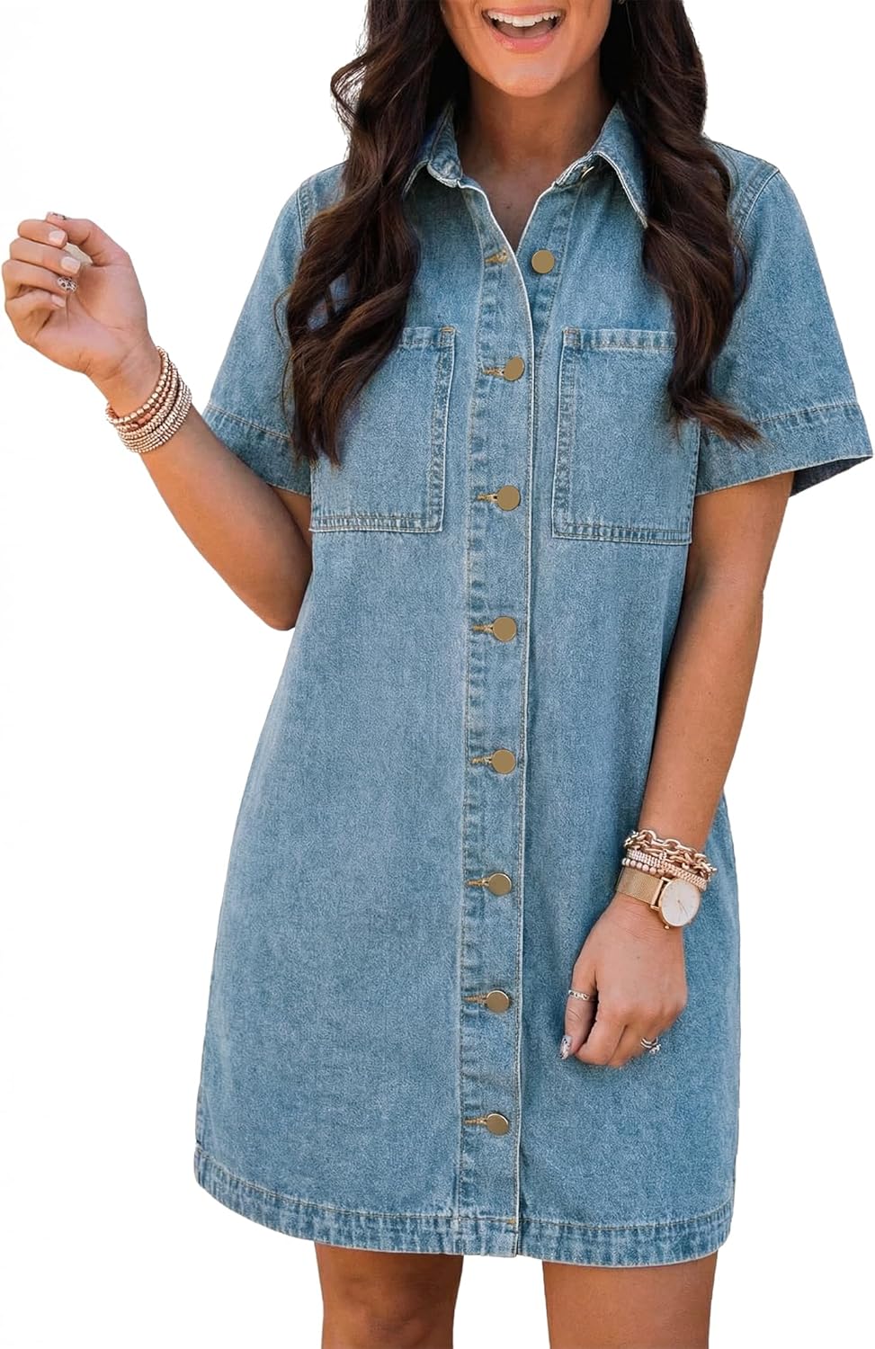 EMMIOL Button Down Denim Dress for Women - Short Sleeve Babydoll Mini Jean Shirt Dresses Summer Casual Trendy Outfits