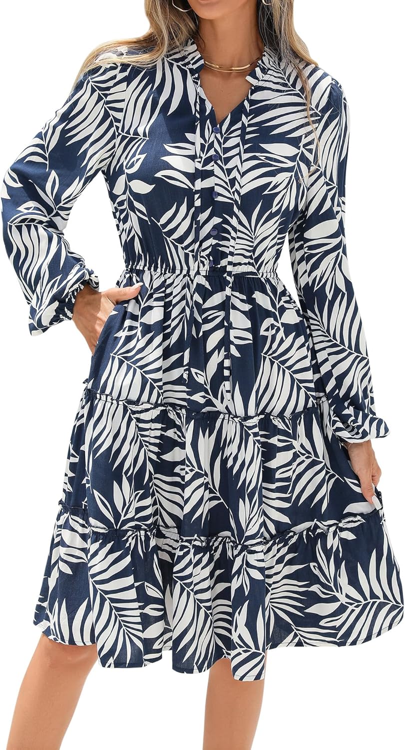 BTFBM Women Spring Dresses 2026 Floral V Neck Long Sleeve Tiered Ruffle Boho Swing Flowy A-Line Mini Dresses Vacation