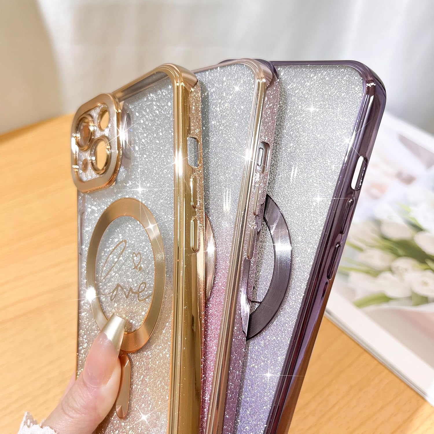 Fiyart Compatible with iPhone 13 Case,Compatible with MagSafe Love Heart Plating Camera Protection TPU Magnetic Glitter for Women Girls Shockproof Phone Bumper 6.1"-Gold - Image 5