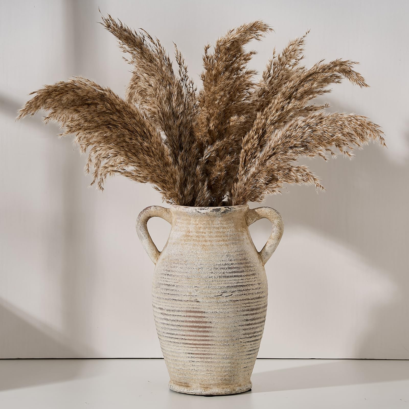 Vaseking Large Rustic Ceramic Vase with 2 Handles, 9.8 Inch Bleached Terracotta Vase, Decorative Ceramic Vase for Home Decor Living Room Shelf Decor,