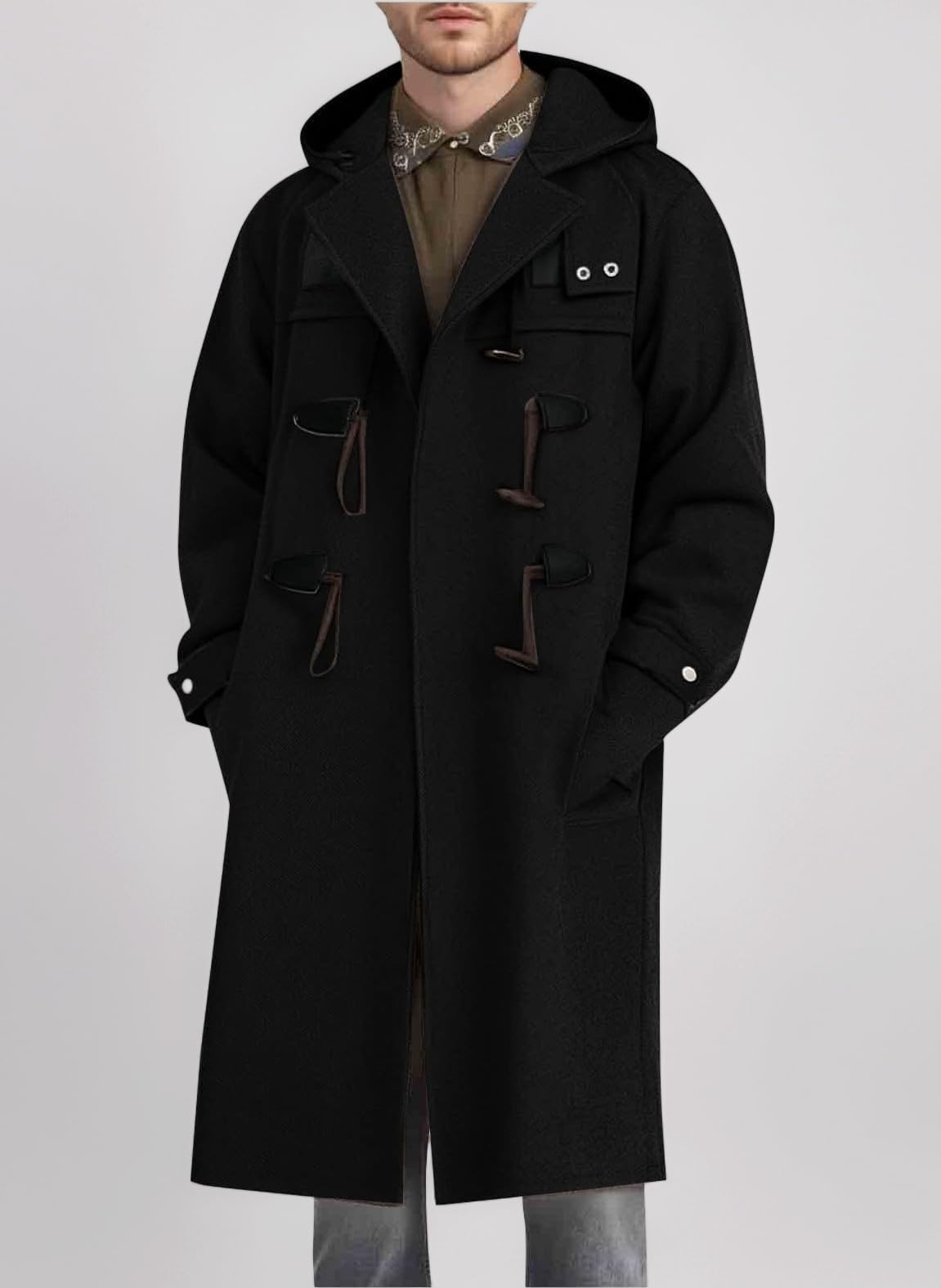 Mens Duffle Coats Smart Casual Wool Coat Winter Knee Length Trench Coat Heavyweight Toggle Overcoats Classic Fit Hooded Outwear Vintage Wool Blend Coats Daily Wear for Men