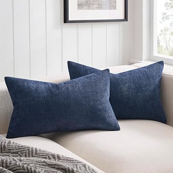 JUSPURBET Chenille Texture 16x24 Lumbar Throw Pillow Covers Set of 2,Navy