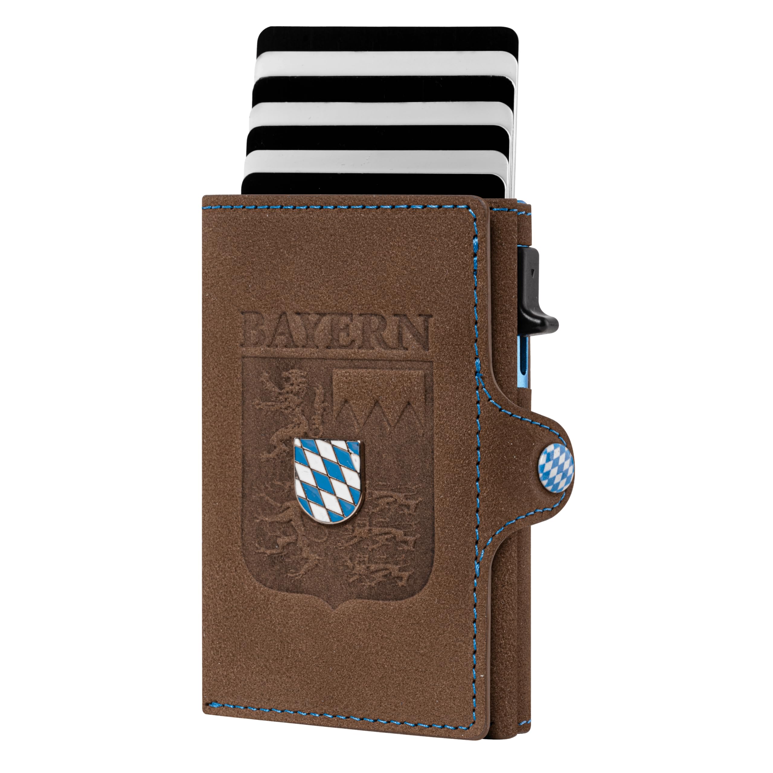 Bayern Smart Wallet Echtleder – Pop-Up Kartenetui mit Bayern Prägung, Wappen Emblem, RFID-Schutz, Münzfach & Scheinfach, personalisierbar, inkl. Geschenkbox