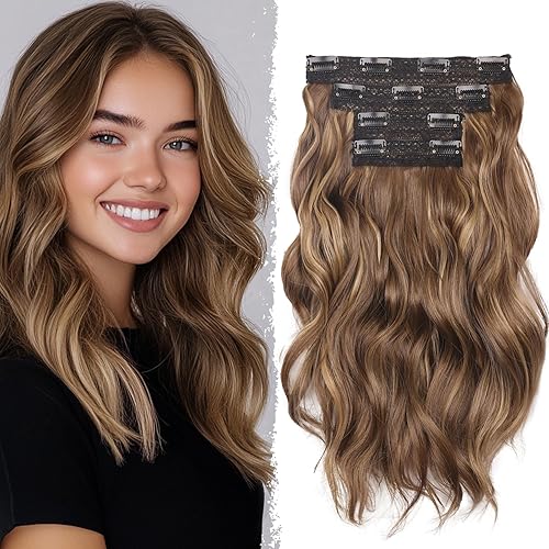 Miniatura 19 de 4 extensiones de cabello sintético con clip, extensiones de cabello rizado de 20 pulgadas de largo con clip (color: marrón medio)