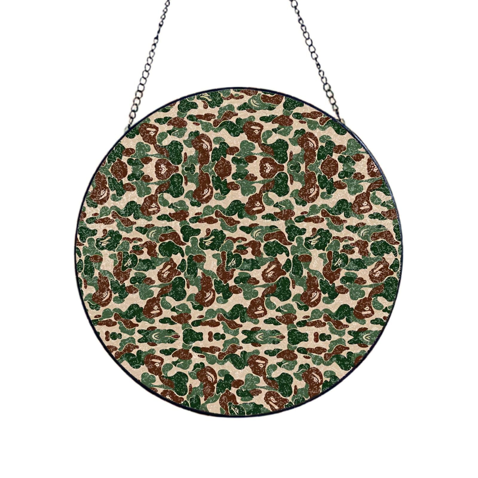 Phayah Aniaml Camouflage Green Print Glass Window Hanging Round Suncatcher Glass Ornament Garden Wall Fence Decorations Indoor Outdoor 12in（30cm）