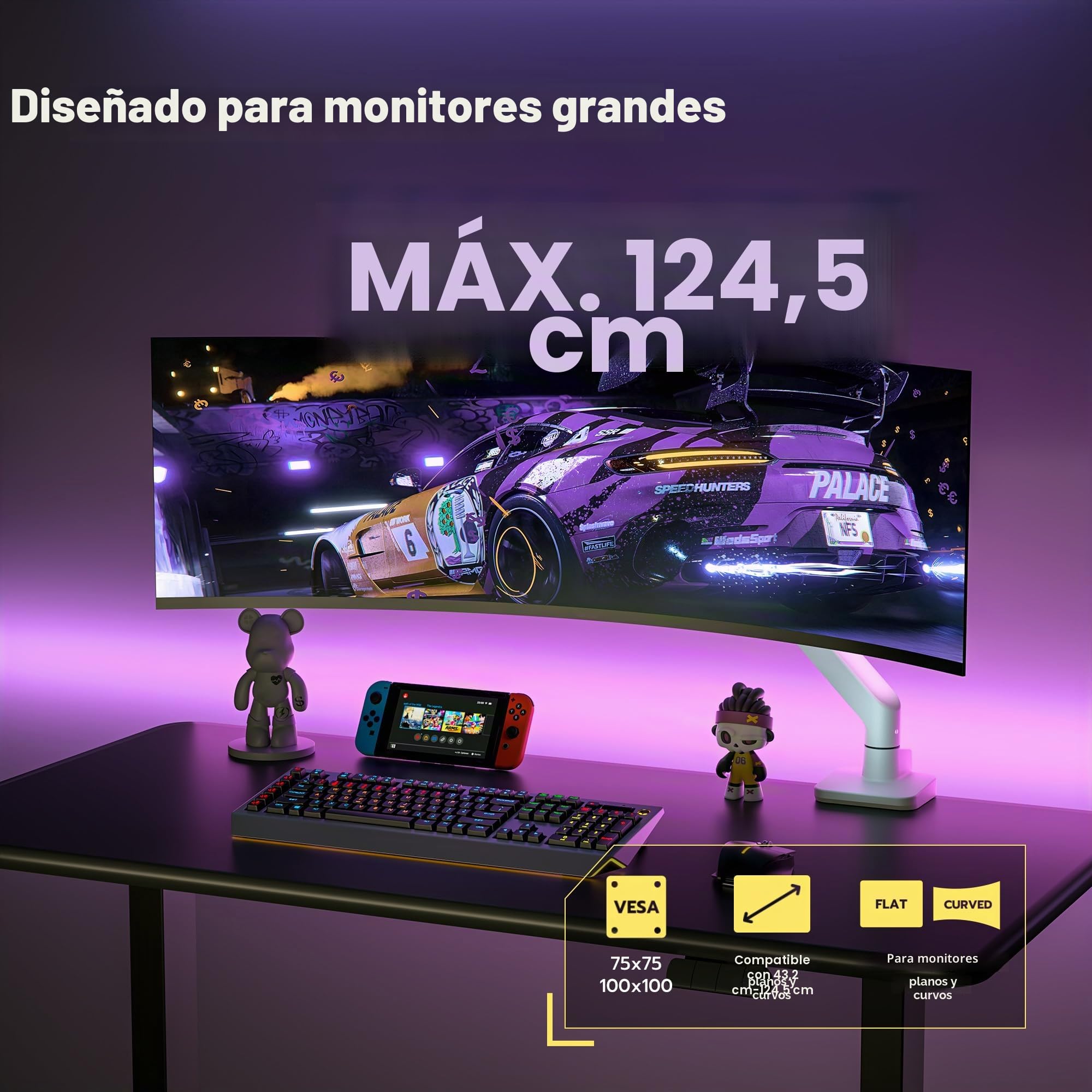 ARES WING Soporte Monitor para Pantallas 17-49", Brazo Monitor Carga 20 kg, VESA 75/100 mm, Blanco