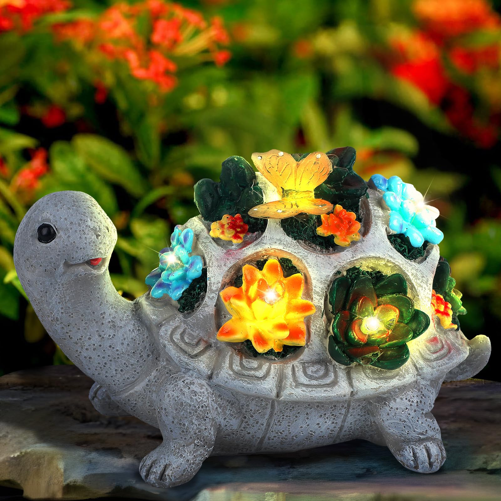 Pawfly Solar Garden Statues, Solar Garden Decor, Turtle Decor with Succulent and 7 LED Lights, Resin Turtle Figurine, Outdoor Turtle Statue Solar Lights for Balcony, Patio, Porch, Lawn & Yard