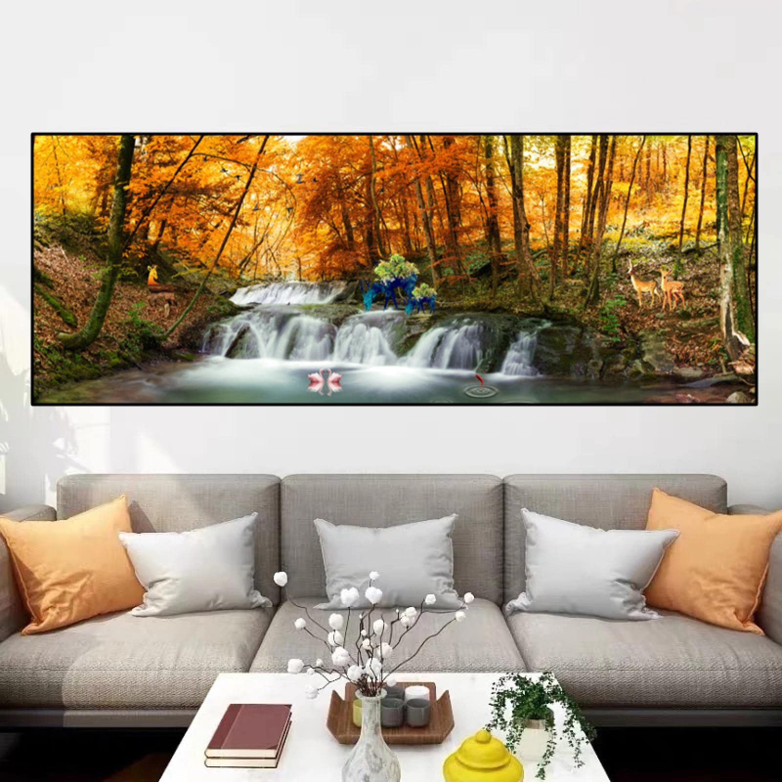 Cuadro de cisnes y cascada estilo chino para pared lienzo salon 45x130cm 8