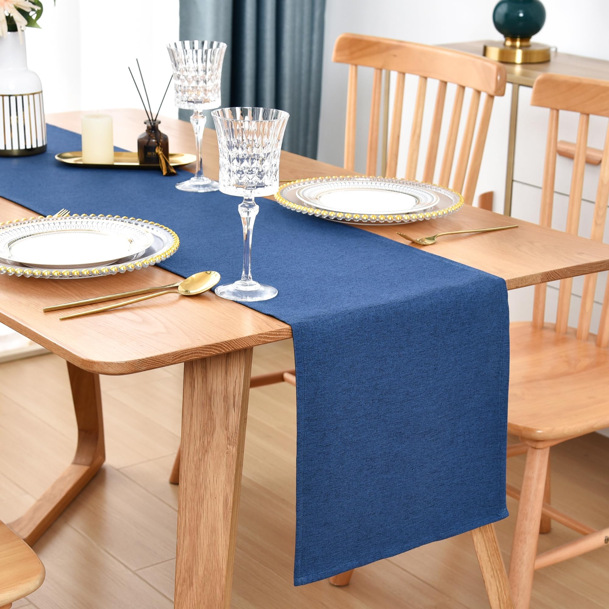 WolkemerRustic Faux Linen Table Runner Farmhouse Navy Blue Table Runners 48 Inches Coffee Table Dresser for Kitchen Dining Party Home Decoration 13 x 48 Inch