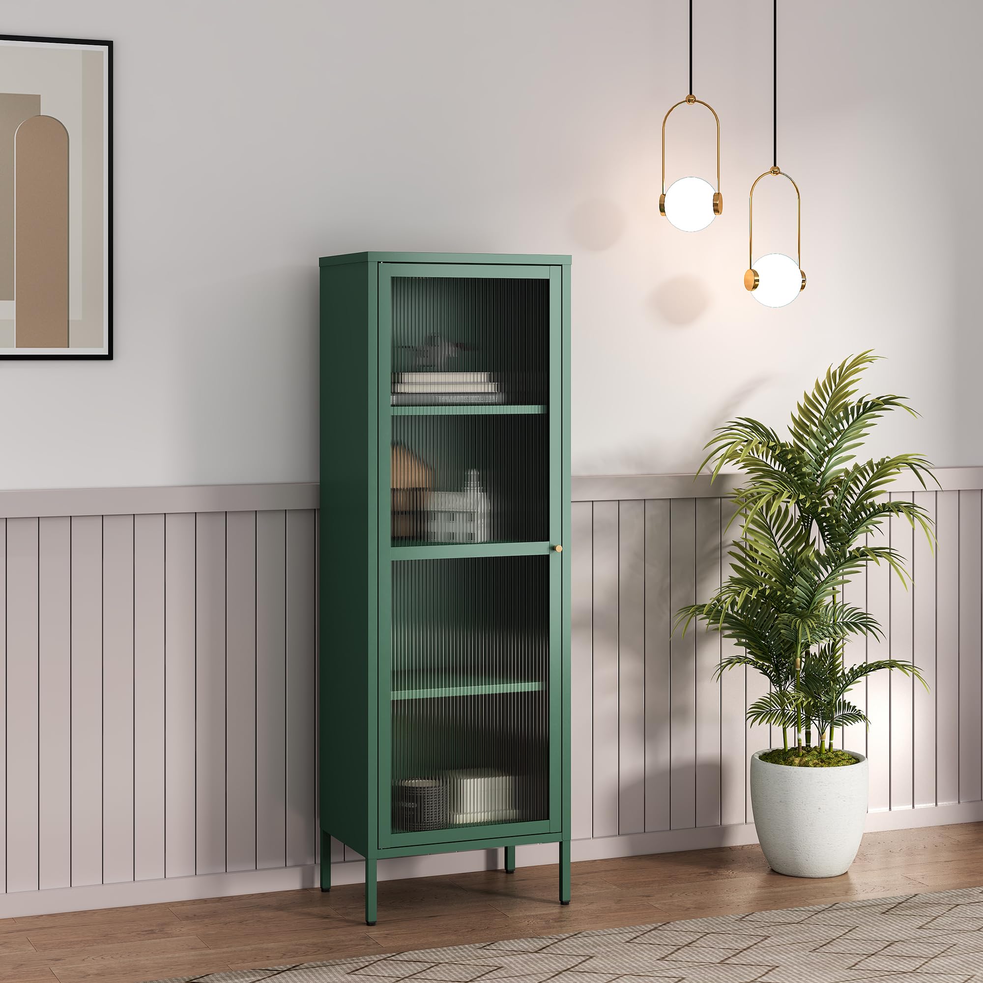 [en.casa] Vitrinenschrank Säkylä Bücherschrank mit 4 Ablagen 150 x 50 x 35 cm Küchenschrank mit 1 Tür Mehrzweckschrank Vitrine Metallschrank Tannengrün