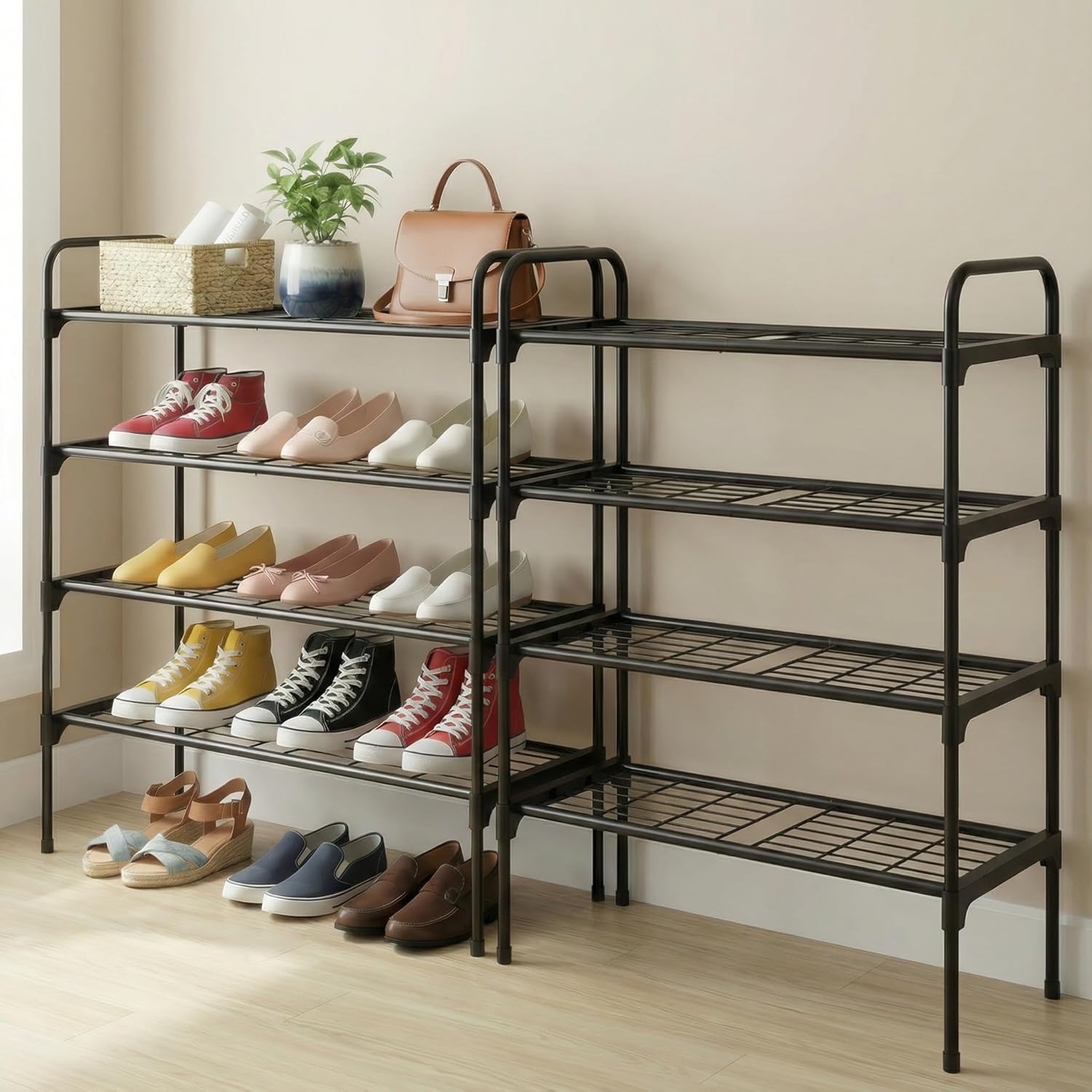 4-Tler Shoe Rack Organlzer, Rustproof lron, Spaclous Shoe Storage Shelf for Closet or Entryway, Fits Sneakers & Slippers, Black