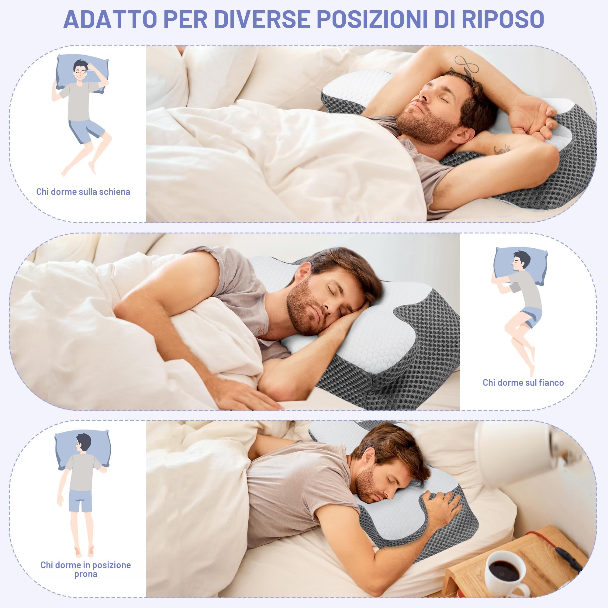 YunNasi Cuscino Cervicale Per Dormire Memory Foam 60 * 34 * 13/10cm | Cuscino Ergonomico, Supporto per Collo e Spalle, Federa Sfoderabile e Lavabile, Traspirante