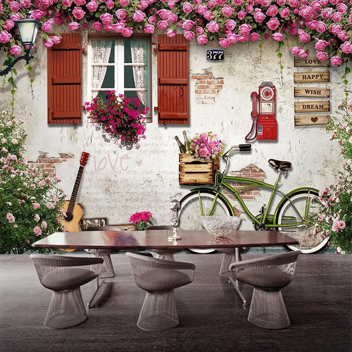 Window Roses Wall Mural, Bicycle Guitar Peel and Stick Self-Adhesive Wallpaper Removable Large Sticker Foil Wall Decor Print Picture for Dining Room Office,154" W x 110" H