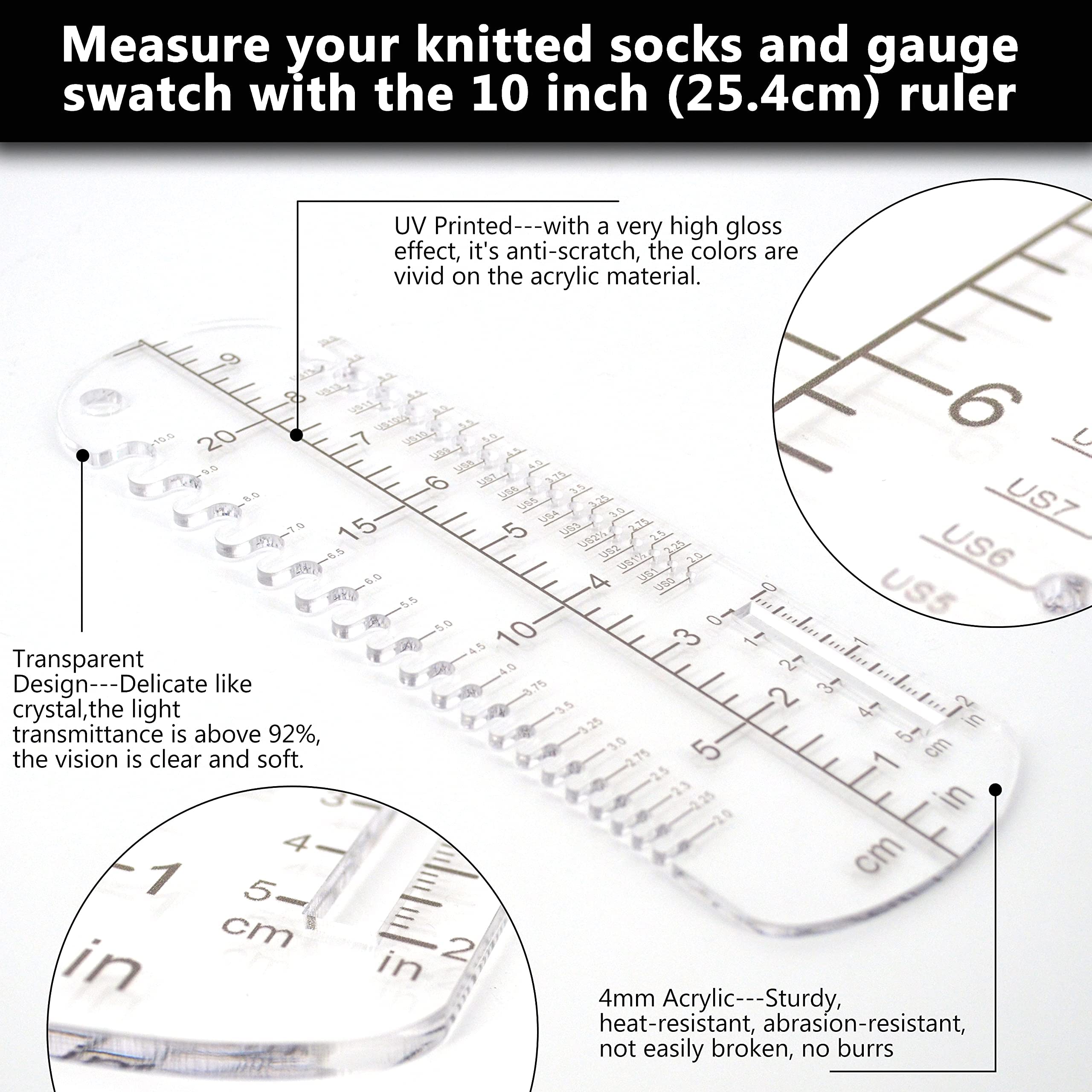 UPTTHOW Règle De Tricot Pour Tricot Et Crochet - En Acrylique Transparent - 25,4 Cm - Bloque Les Chaussettes - Outils De Tissage Faits à La Main