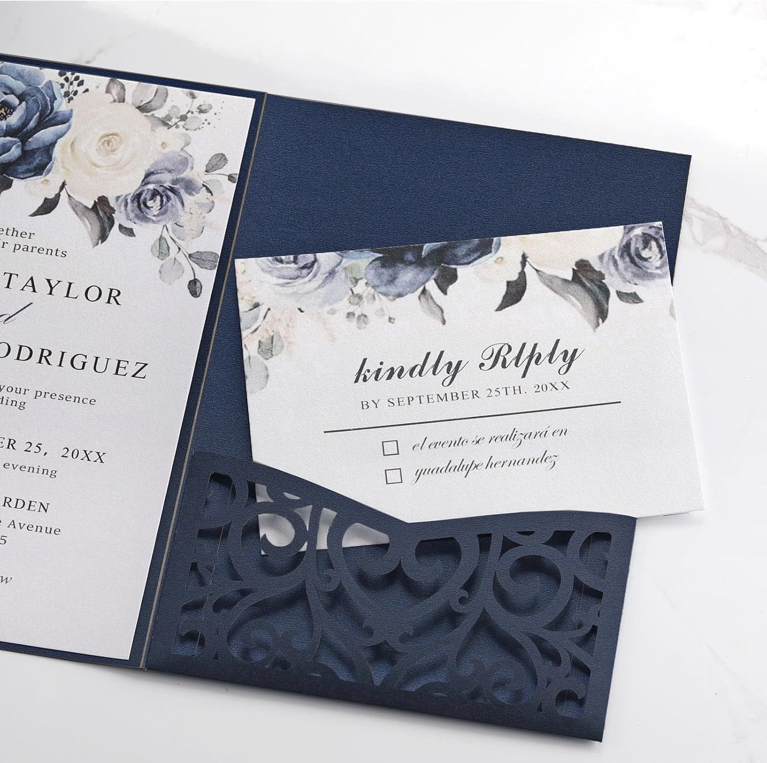 Dark Blue Invitations Envelopes 5x7 Custom Wedding Invitation Cards and Rsvp Cards Birthday Invitations Laser Cut Pocket Hollow Heart Shape for Party Invitations Engagement Sweet 16 Quinceanera 50PCS