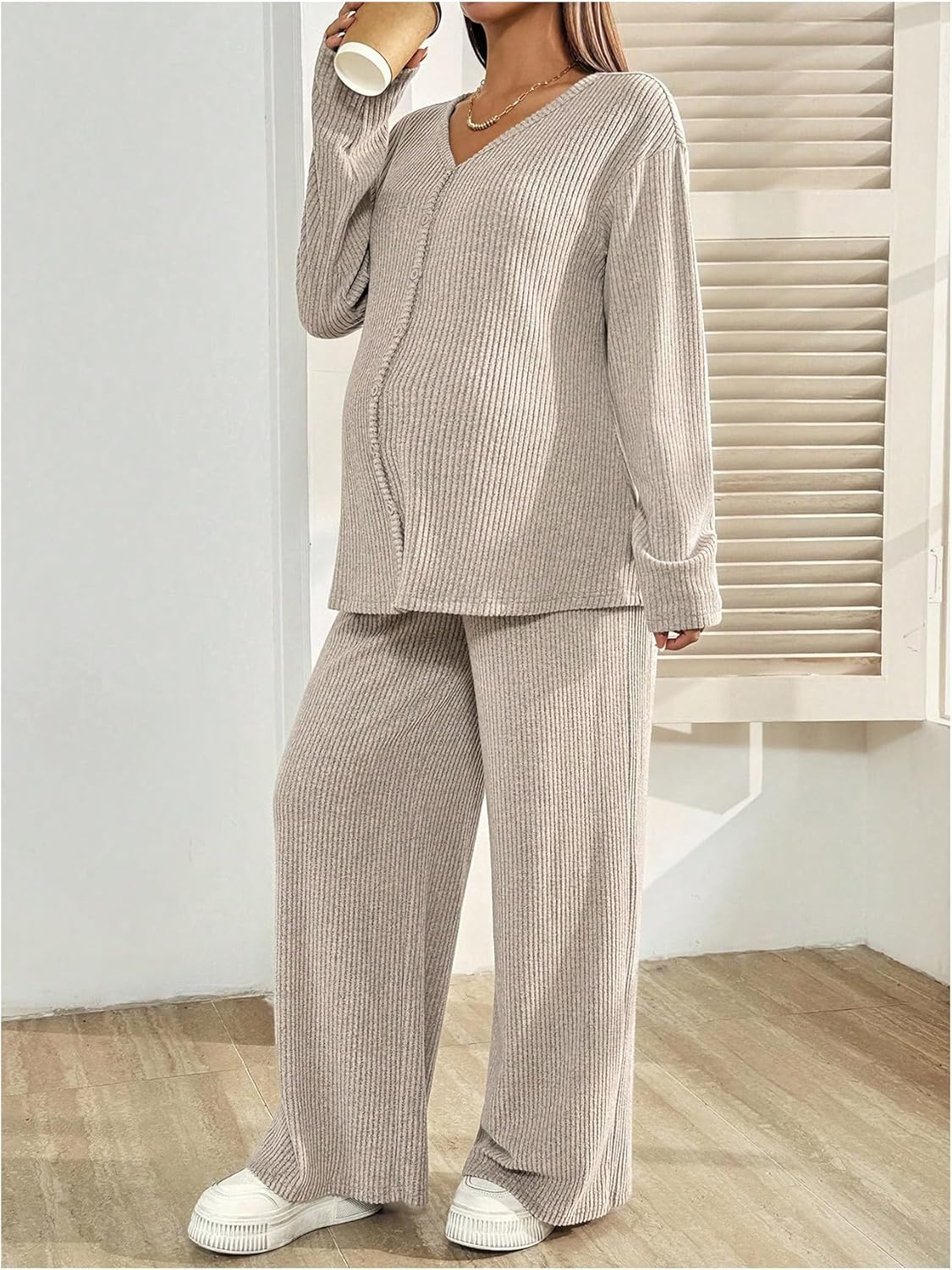 MakeMeChic Women's Maternity 2 Piece Pajama Sets Button Down Shirt Pants Lounge Set Fall Clothes