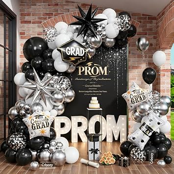 131Pcs Prom Balloon Arch Kit, Black White Silver Confetti Balloons with Explosion Star Graduation Cap Foil Balloons for Class of 2026 Congrats Graduation Prom Birthday Party Decorations