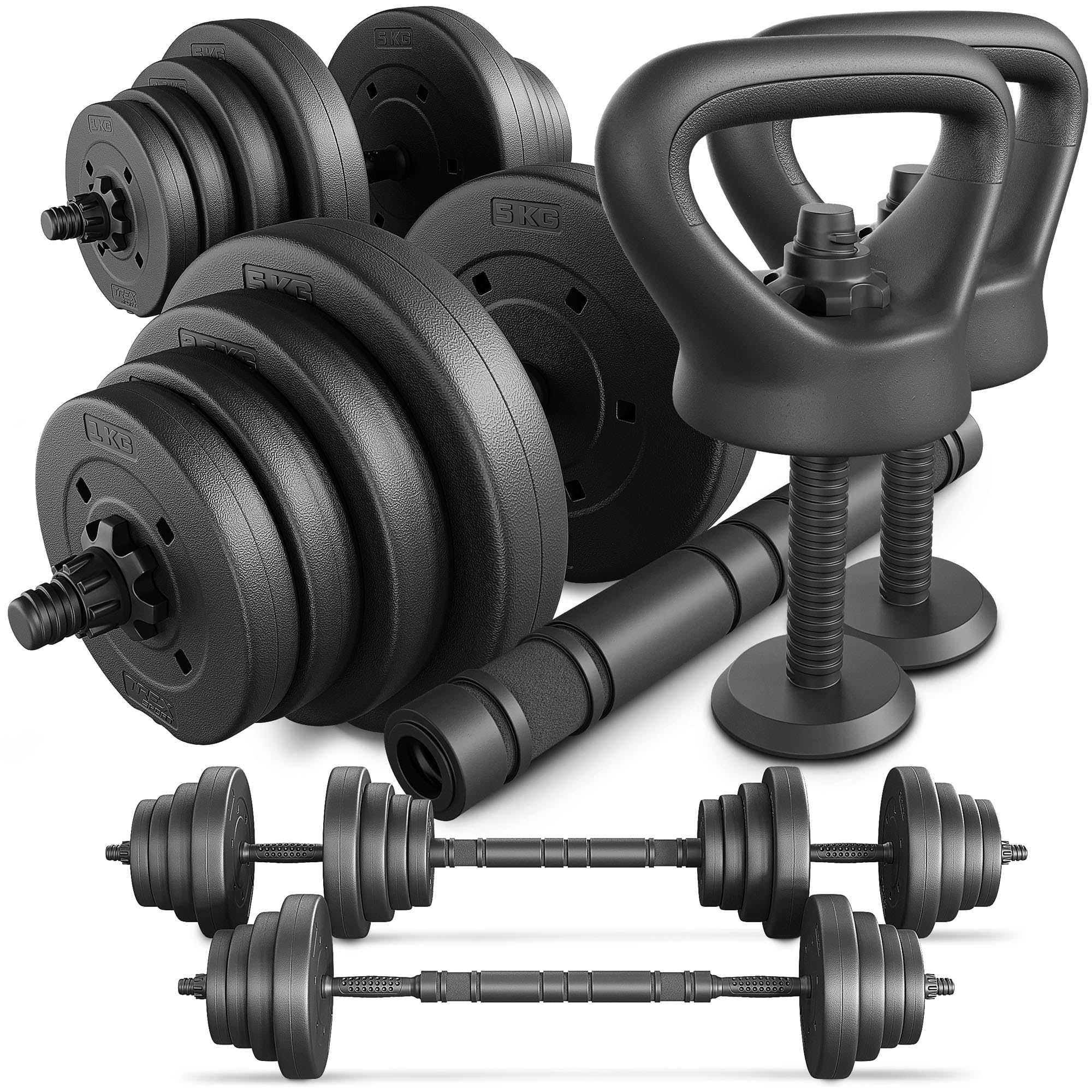 TREX SPORT Hanteln 4in1 Set Langhantel & Kettlebell | 20kg 40kg Hantelset | Hantelset Kurzhanteln Set verstellbar mit rutschfestem Griff, Kunststoff-Scheiben, Verbindungsrohr, Langhantel, Liegestütze
