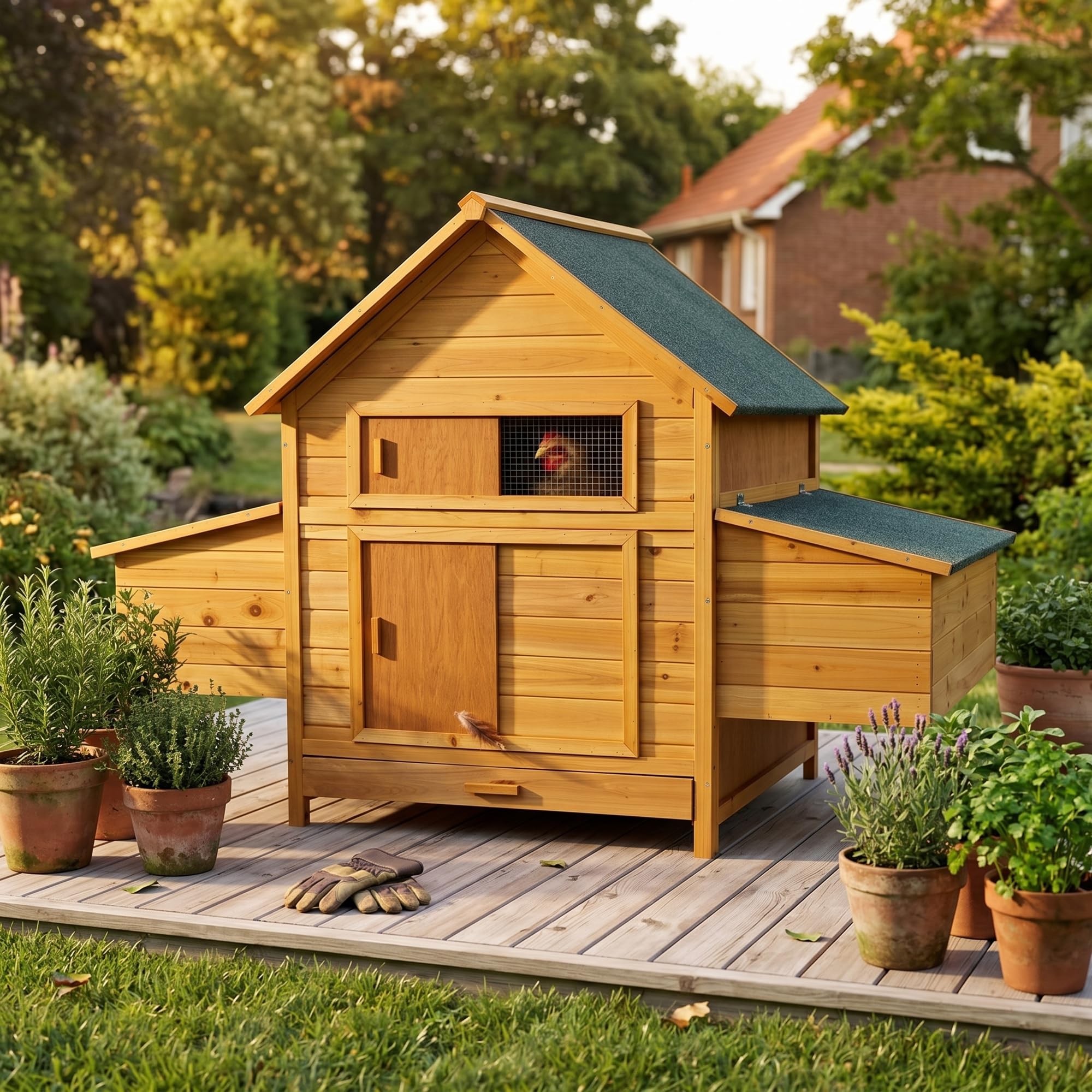 Mucola Hühnerstall XXL 160x115,5 cm Holz Natur – Hühnerhaus mit Freilauf & aufschiebbarem Fenster, abnehmbares Dach – wetterfest Indoor Outdoor – Geflügelstall Hasenstall Kaninchenstall Kleintiere