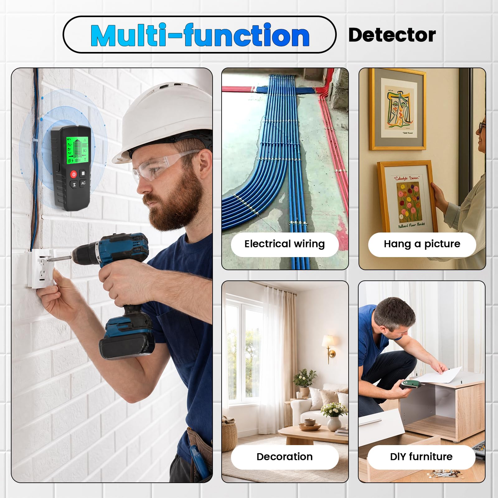 Leitungssucher Ortungsgerät, 5 in 1 Multifunktions Wand Scanner Detektor Stud Finder, Leitungssuchgerät mit HD-LCD-Display & Audio-Alarm für Metall, Rohre, Holz, Stromleitung und Balken