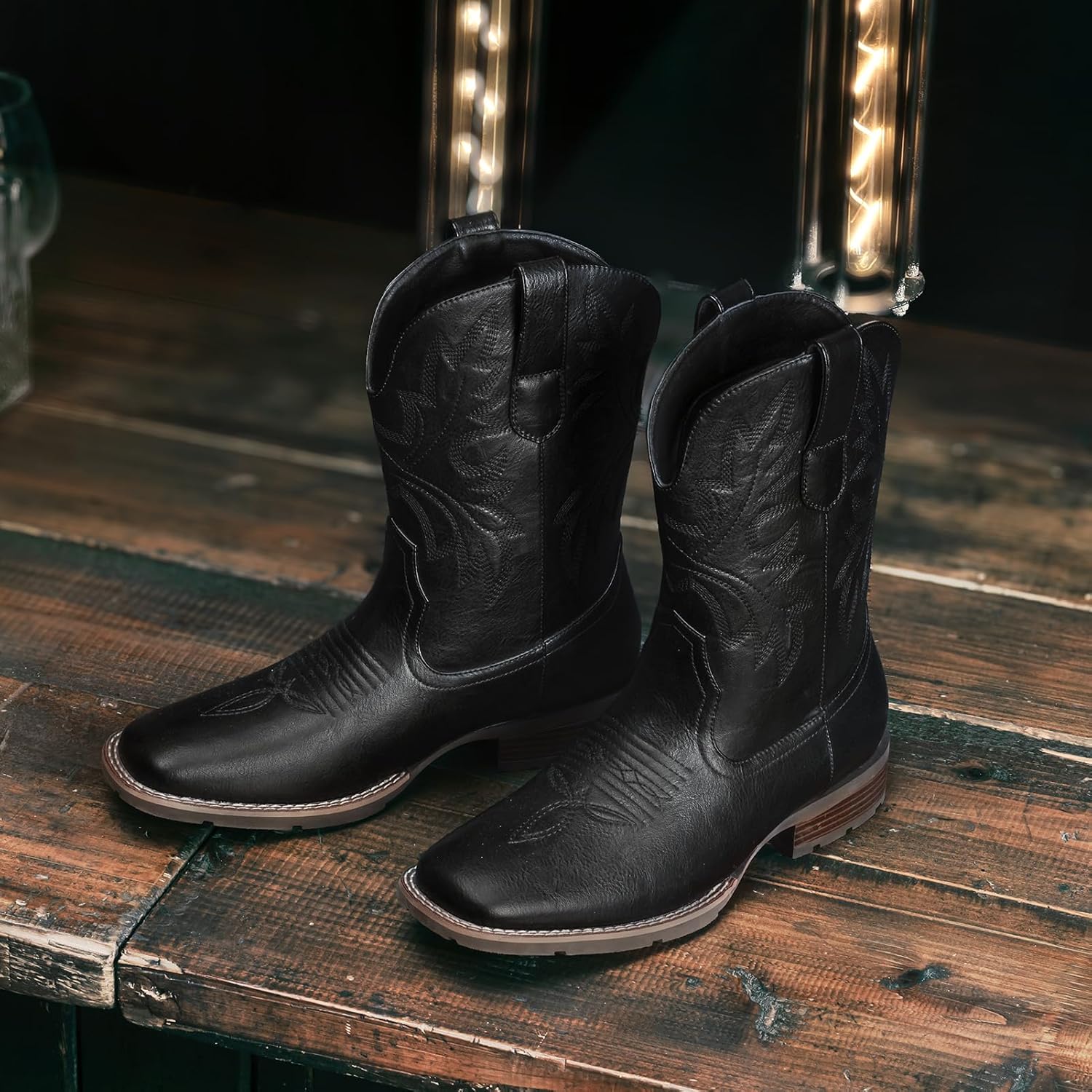 Lumeheel Cowboy Boots for Men - Western Men's Boots with Classic Embroidered, Slip on Square Toe Boots, Slip Resistant Country Boots Chunky Heel Ankle, Durable Short Boots for Spring Fall - Image 4