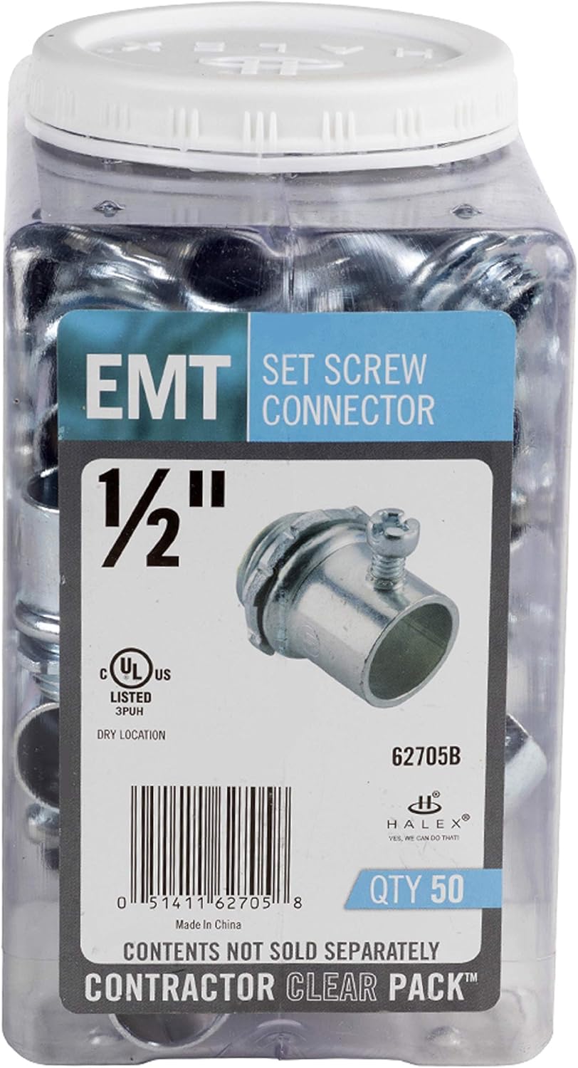 Halex – 1/2 Inch Electrical Metallic Tube (EMT) Set Screw Connectors – 62705B – 50 Per Pack,Silver
