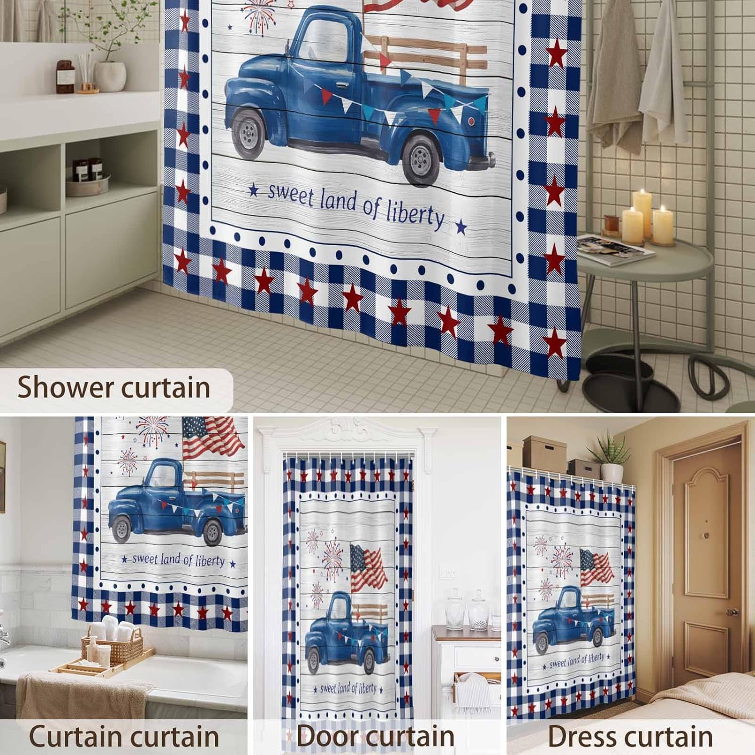LooPoP Independence Day Truck Shower Curtain Red Farm Truck American Flag and Firework Sweet of Liberty Rustic Wood Bathroom Curtains, Polyester Fabric Shower Curtain for Bathroom 12PCS Hooks