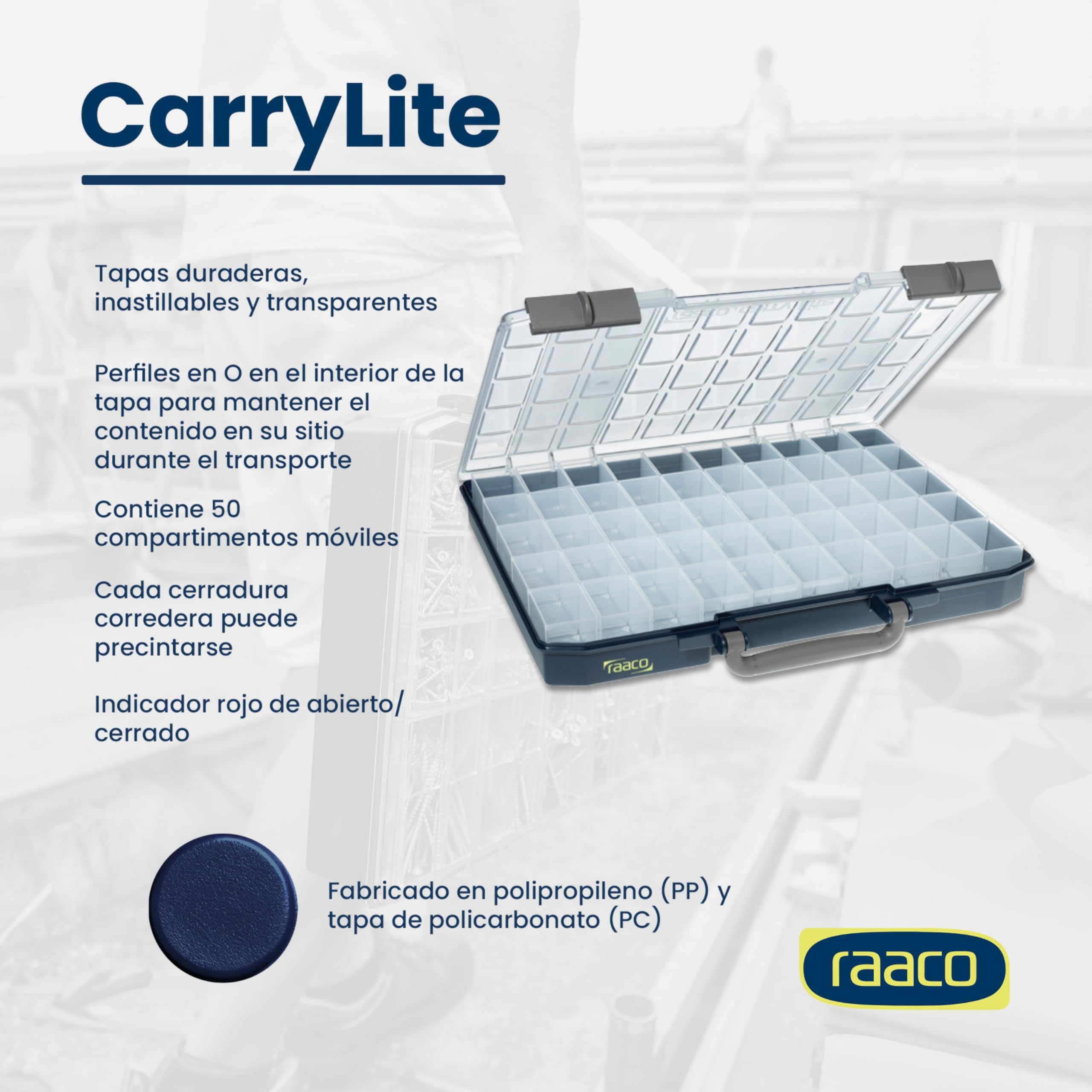 Raaco CarryLite 55 5x10-50 caja organizadora, 50 compartimentos, claro | Organizador de Tornillos Ligero, con 50 Compartimentos, Capacidad de Carga 10 kg, Almacenamiento Seguro, Tapa Transparente