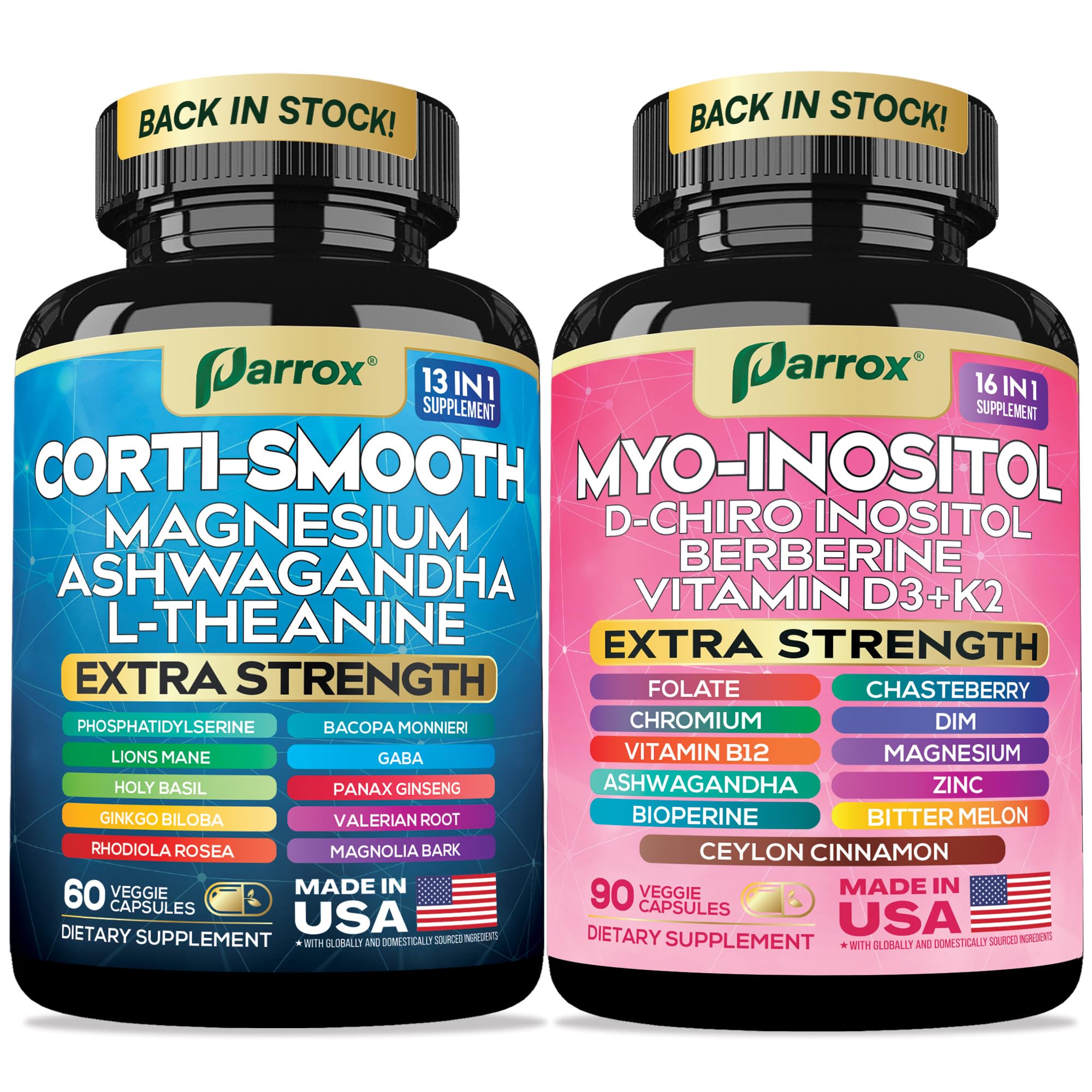 Cortisol & Myo-Inositol Supplement Bundle, Soothe & Smooth Bundle, 13-in-1 Cortisol Balance, Magnesium, Ashwagandha, L-Theanine, D-Chiro Inositol, Folate, Berberine, Chasteberry (150 Capsules)