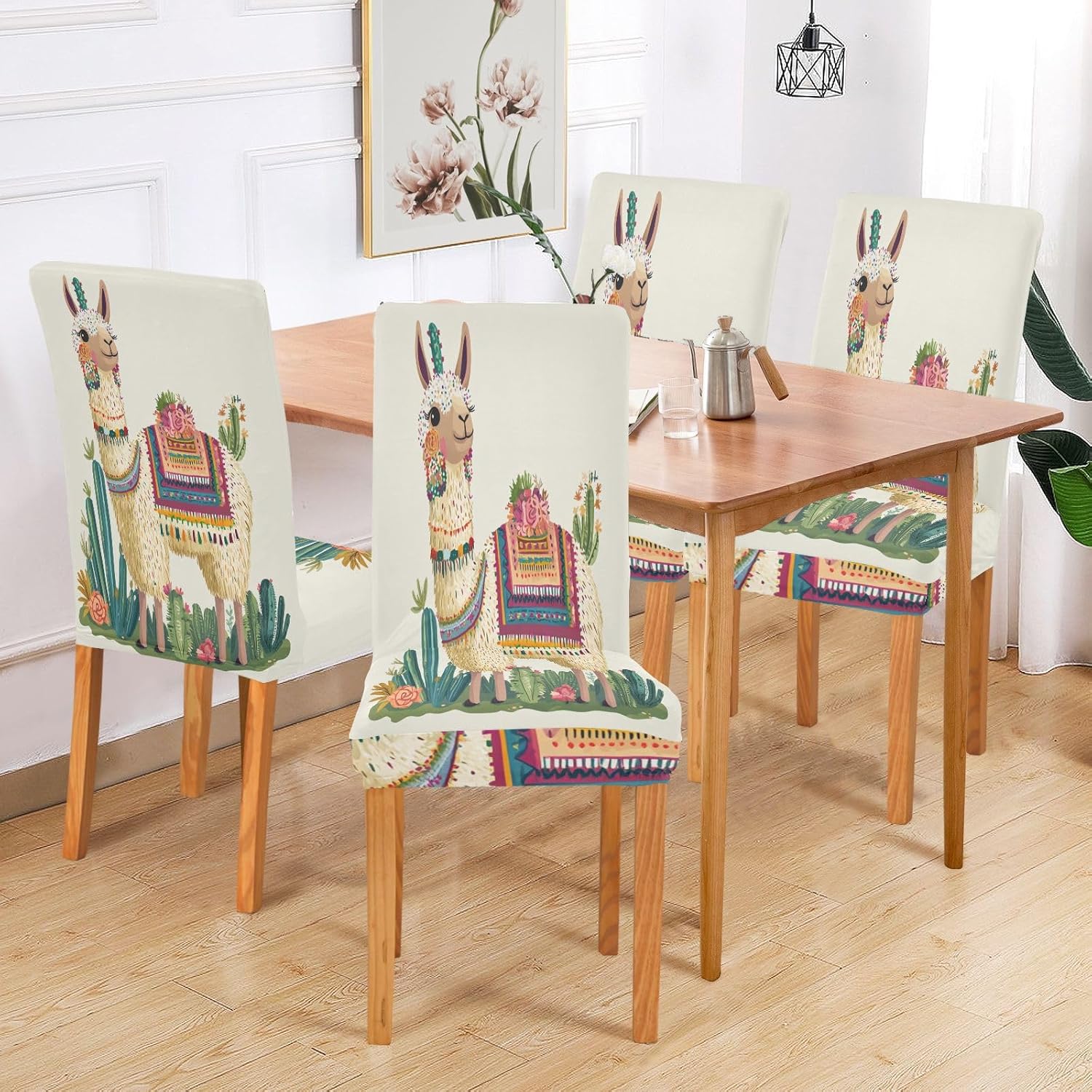 ALAZA Chair Covers for Dining Room, Ethnic Llama Cactus Flower Carttoon Stretch Chair Cover Sets Chair Protector Removable Washable for Ktichen Restaurant Hotel