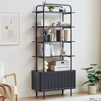 71" Tall Bookshelf with Door, 6-Tier Bookcase Modern Metal Book Shelf with Open Shelves & Adjustable Footpad Freestanding Storage Cabinet for Living Room, Home Office Black