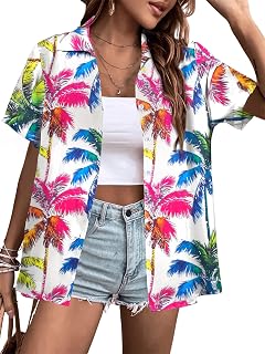 Hawaiian Shirts for Women Tropic Plam Tree Print Tees Beach Hawaii Tshirts Button Up Tee Tops Summer Vacation Short Sleeves