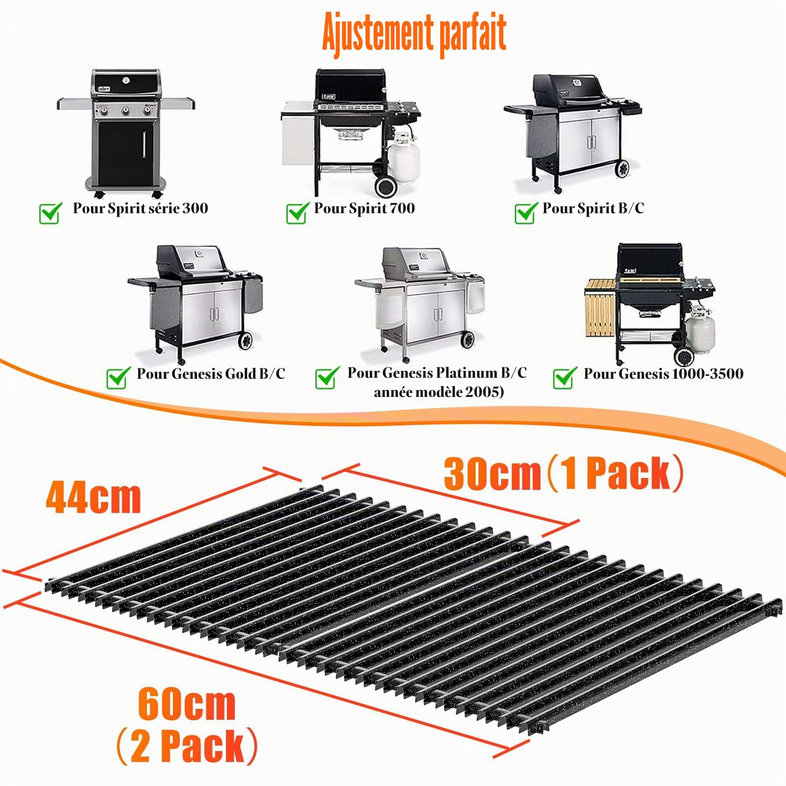 GFTIME 44 X 30CM 7525 Grille de Cuisson pour Weber Spirit I & II 300 Series E-310, E-320, S-310, S-320, Spirit 700/900, Porcelaine émaillée Barbecue Gril Gaz pièce Rechange 7525 7527 7638 7639