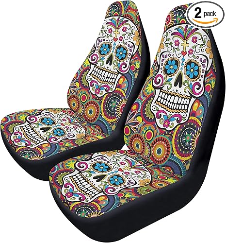 Dia de Los Muertos Mexican Sugar Skull Car Seat Covers and Floor Mats Colorful Calaveras Skeleton Auto Interior Set for Festive Seat and Floor Protection (3pcs Front+Back seat Covers)
