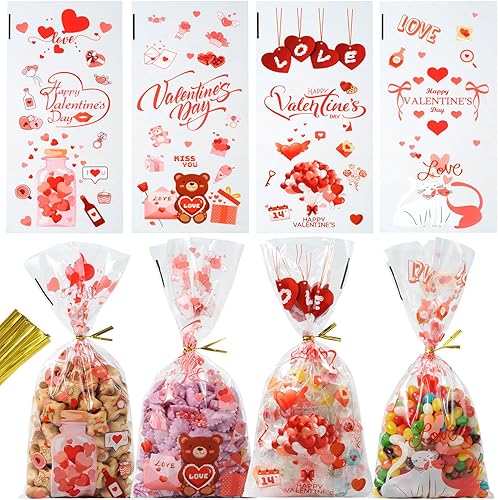 idolpack Paquete de 50 bolsas de celofán para el día de San Valentín con 50 lazos torcidos, bolsas de violonchelo con corazón rojo, bolsas de dulces