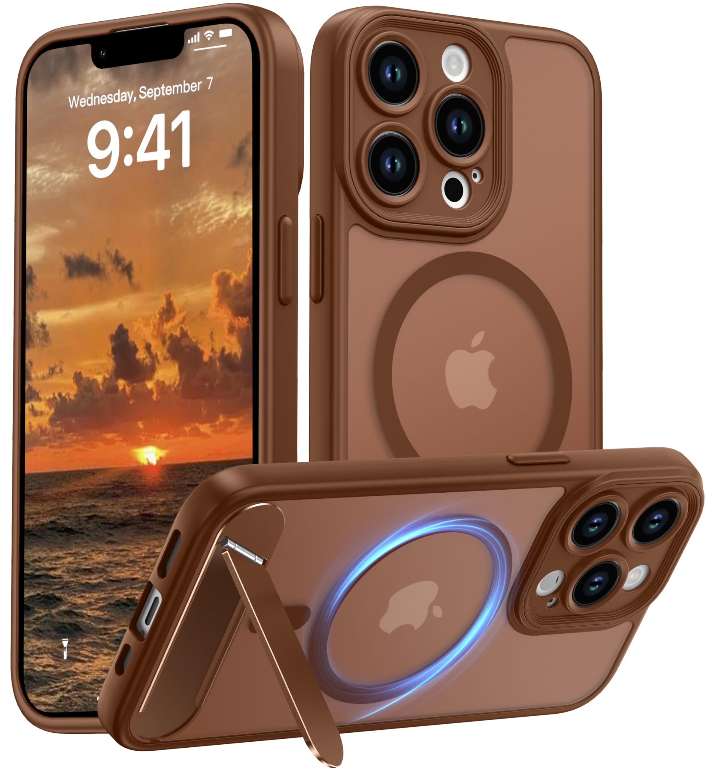 Photo 1 of AMILIFECASES Magnetic Compatible with iPhone 13 Pro Case, [Built-in Kickstand][Full Camera Protection][Compatible with MagSafe][Anti-Fingerprint] Shockproof Phone Case for iPhone 13 Pro 6.1",Brown