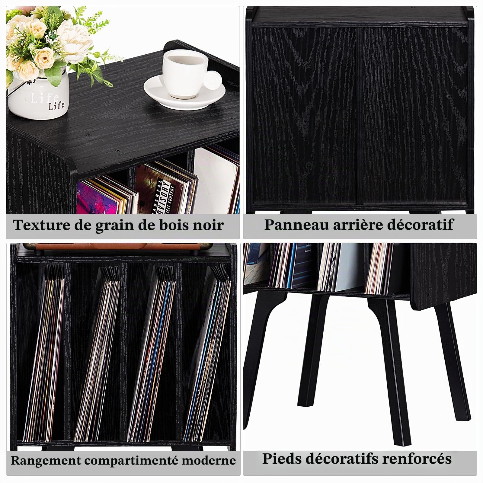 LELELINKY Présentoir à disques en bois Mid-Century avec 4 armoires et table de tourne-disque, peut contenir jusqu'à 100 albums, étagère en vinyle noir